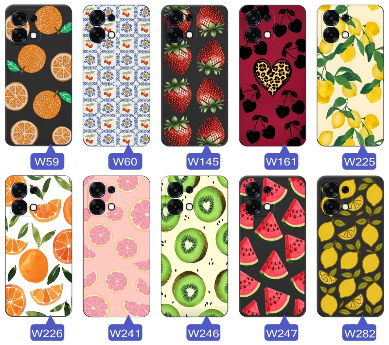 Kolekcja etui z owocami na etui do Oppo A6 Pro 5G: truskawki, pomarańcze, cytryny, kiwi