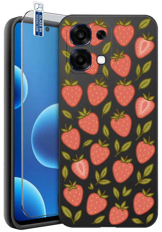 Etui z owocami z różnymi wzorami do Oppo A6 Pro 5G z nadrukiem truskawek oraz szkło hartowane 9H w zestawie