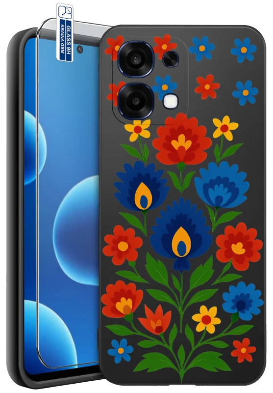 Etui z wzorami ludowymi do Oppo A6 Pro 5G z nadrukiem kolorowych kwiatów folkowych oraz szkło hartowane 9H w zestawie