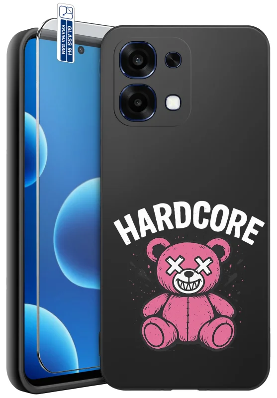 Etui z misiem z różnymi wzorami do Oppo A6 Pro 5G z nadrukiem różowego misia Hardcore oraz szkło hartowane 9H w zestawie