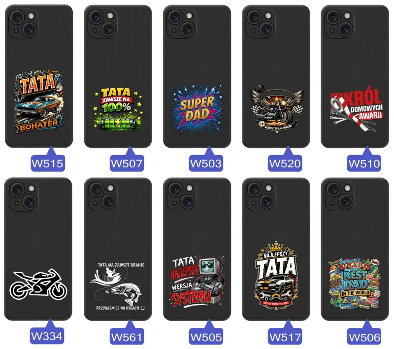 Kolekcja etui dla Taty do iPhone 13 / 14 z motywami samochodów, motocykli, narzędzi i wędkarstwa oraz napisami Super Tata, Best Dad i Król Domowych Awarii