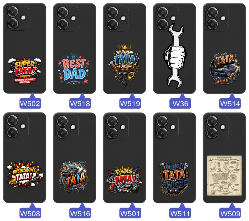 Różne wzory etui dla Taty do Oppo A40 / A40M, w tym napisy SuperDad, Tata Bohater i Najlepszy Tata na świecie oraz komiksowe, techniczne i motoryzacyjne motywy prezentowe