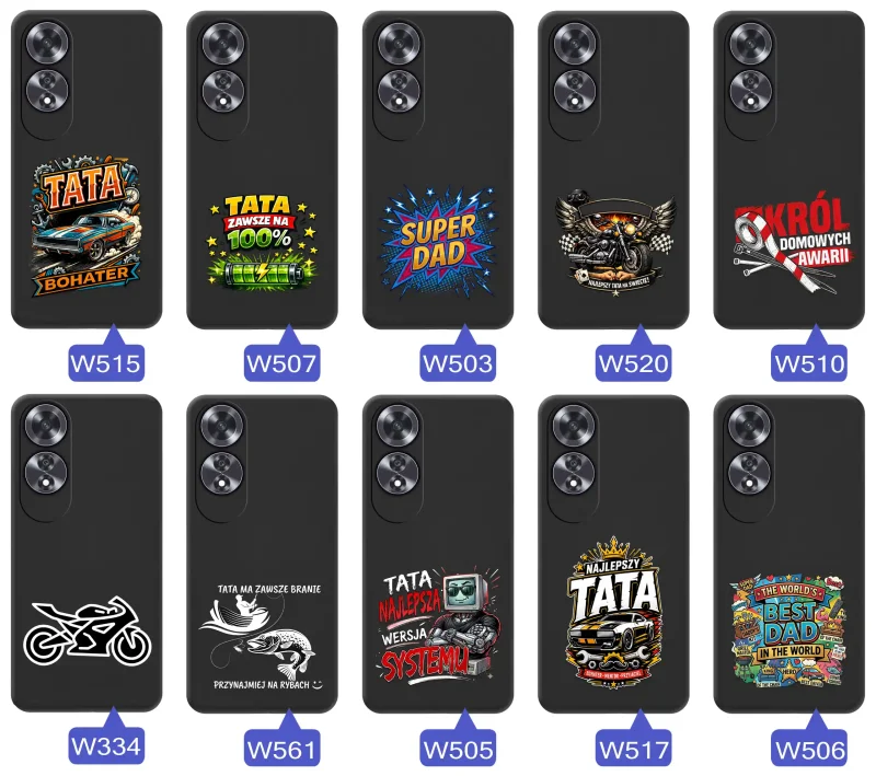 Kolekcja etui dla Taty do Oppo A60 4G z motywami samochodów, motocykli, narzędzi i wędkarstwa oraz napisami Super Tata, Best Dad i Król Domowych Awarii