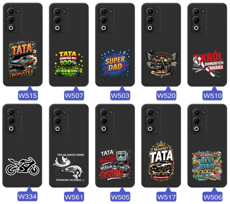 Kolekcja etui dla Taty do Oppo A5 4G / A5 5G z motywami samochodów, motocykli, narzędzi i wędkarstwa oraz napisami Super Tata, Best Dad i Król Domowych Awarii