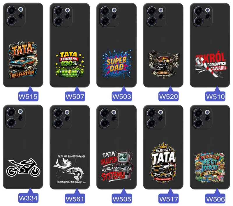Kolekcja etui dla Taty do Oppo Reno 15 F / 15 FS z motywami samochodów, motocykli, narzędzi i wędkarstwa oraz napisami Super Tata, Best Dad i Król Domowych Awarii