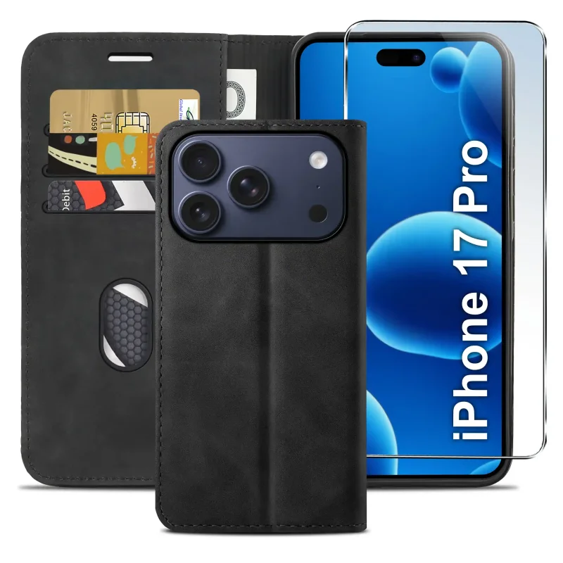 Czarne etui z klapką do iPhone 17 Pro / 18 Pro z trzema kieszonkami na karty, przegrodą na banknoty oraz szkłem hartowanym na ekran