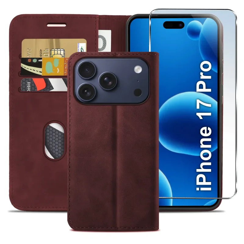 Bordowe etui z klapką do iPhone 17 Pro / 18 Pro z trzema kieszonkami na karty, przegrodą na banknoty oraz szkłem hartowanym na ekran