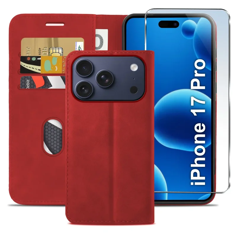 Czerwone etui z klapką do iPhone 17 Pro / 18 Pro z trzema kieszonkami na karty, przegrodą na banknoty oraz szkłem hartowanym na ekran