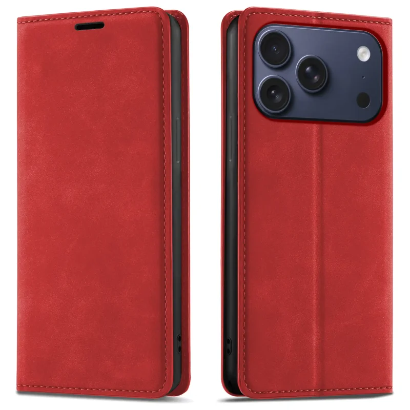 Czerwone etui z klapką Velvet do iPhone 17 Pro / 18 Pro pokazane z przodu i z tyłu, z wycięciem na aparat oraz zamykaną konstrukcją