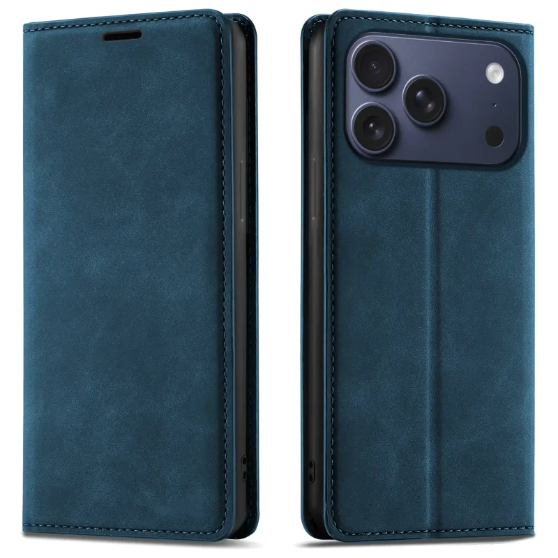 Granatowe etui z klapką Velvet do iPhone 17 Pro / 18 Pro pokazane z przodu i z tyłu, z wycięciem na aparat oraz zamykaną konstrukcją