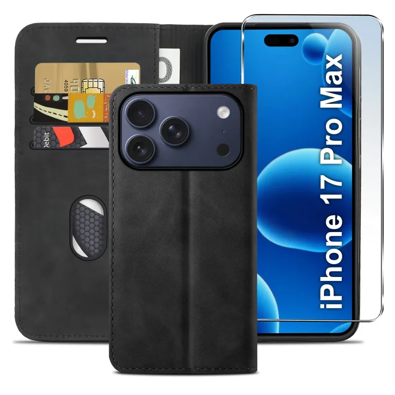 Czarne etui z klapką do iPhone 17 Pro Max / 18 Pro Max z trzema kieszonkami na karty, przegrodą na banknoty oraz szkłem hartowanym na ekran