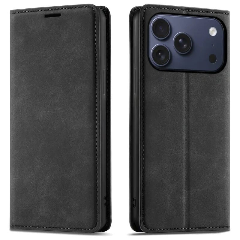 Czarne etui z klapką Velvet do iPhone 17 Pro Max / 18 Pro Max pokazane z przodu i z tyłu, z wycięciem na aparat oraz zamykaną konstrukcją