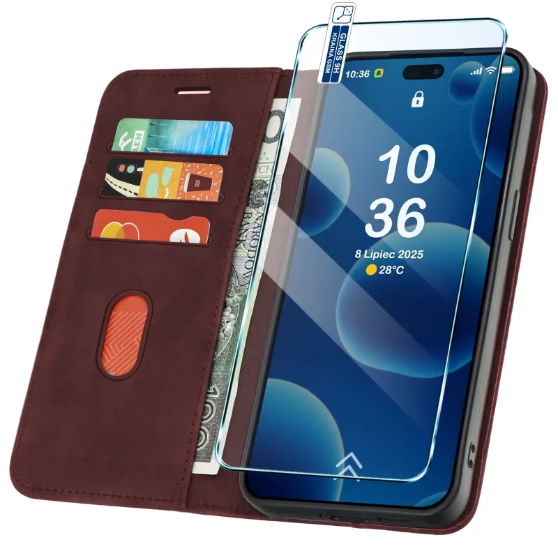 Bordowe etui portfelowe Velvet do iPhone 17 Pro Max / 18 Pro Max z kieszonkami na karty, przegrodą na banknoty i szkłem hartowanym w zestawie