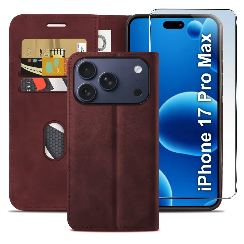 Bordowe etui z klapką do iPhone 17 Pro Max / 18 Pro Max z trzema kieszonkami na karty, przegrodą na banknoty oraz szkłem hartowanym na ekran