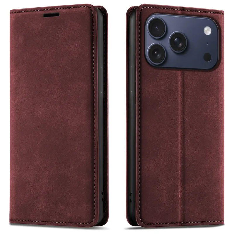 Bordowe etui z klapką Velvet do iPhone 17 Pro Max / 18 Pro Max pokazane z przodu i z tyłu, z wycięciem na aparat oraz zamykaną konstrukcją