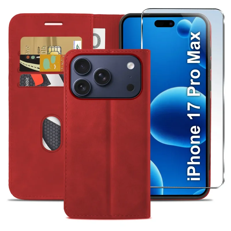 Czerwone etui z klapką do iPhone 17 Pro Max / 18 Pro Max z trzema kieszonkami na karty, przegrodą na banknoty oraz szkłem hartowanym na ekran