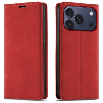 Etui do iPhone 17 Pro Max / 18 Pro Max z klapką skórzane Velvet czerwone ze szkłem
