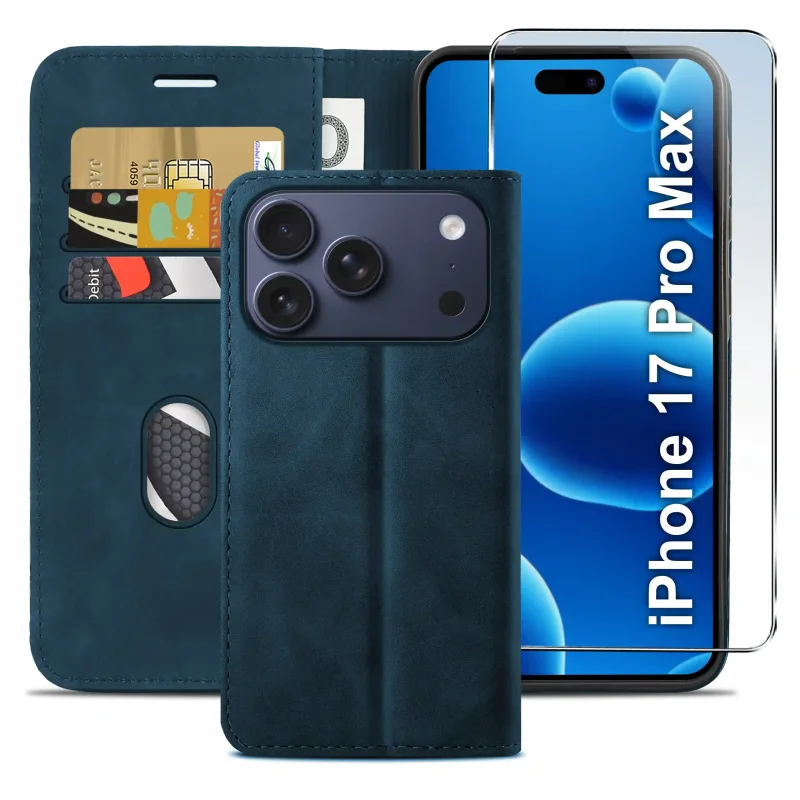Granatowe etui z klapką do iPhone 17 Pro Max / 18 Pro Max z trzema kieszonkami na karty, przegrodą na banknoty oraz szkłem hartowanym na ekran