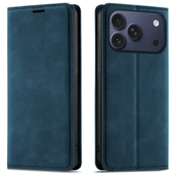 Etui do iPhone 17 Pro Max / 18 Pro Max z klapką skórzane Velvet granatowe ze szkłem