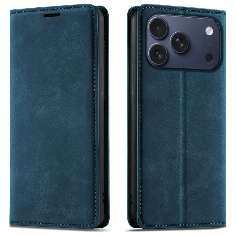 Granatowe etui z klapką Velvet do iPhone 17 Pro Max / 18 Pro Max pokazane z przodu i z tyłu, z wycięciem na aparat oraz zamykaną konstrukcją
