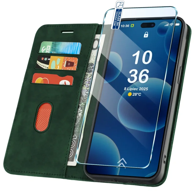 Zielone etui portfelowe Velvet do iPhone 17 Pro Max / 18 Pro Max z kieszonkami na karty, przegrodą na banknoty i szkłem hartowanym w zestawie