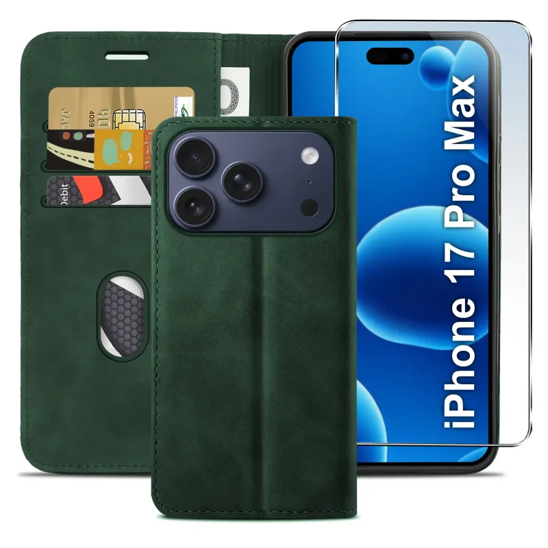 Zielone etui z klapką do iPhone 17 Pro Max / 18 Pro Max z trzema kieszonkami na karty, przegrodą na banknoty oraz szkłem hartowanym na ekran
