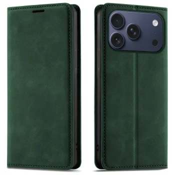 Etui do iPhone 17 Pro Max / 18 Pro Max z klapką skórzane Velvet zielone ze szkłem