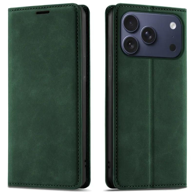 Zielone etui z klapką Velvet do iPhone 17 Pro Max / 18 Pro Max pokazane z przodu i z tyłu, z wycięciem na aparat oraz zamykaną konstrukcją