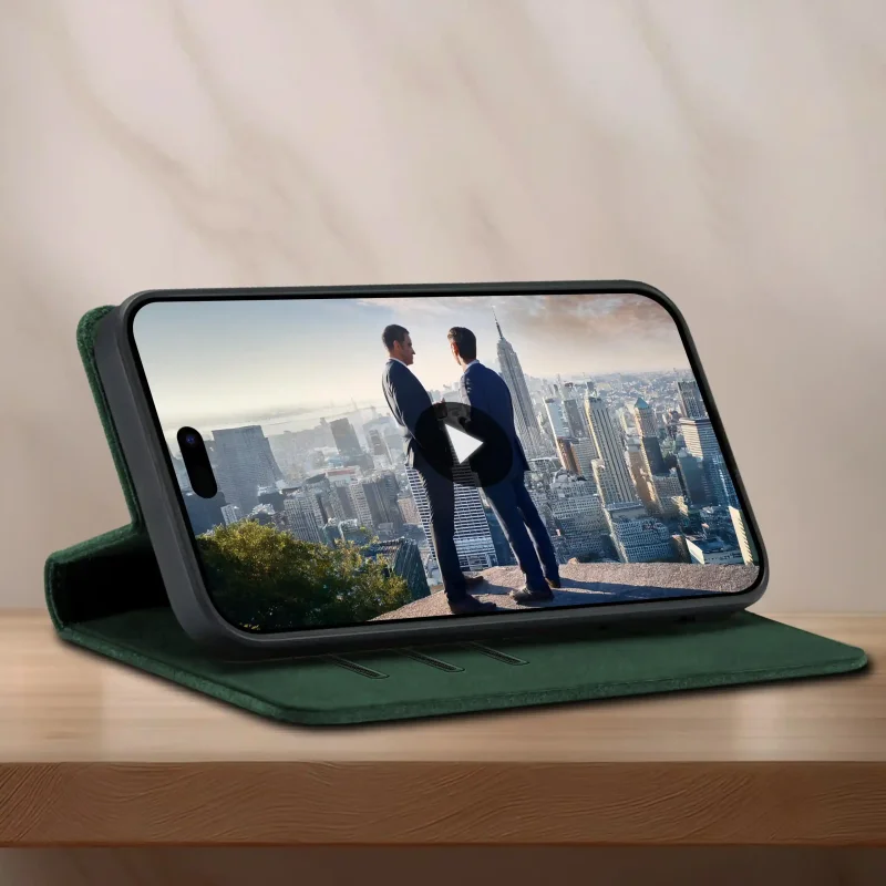 Zielone etui z klapką do iPhone 17 Pro Max / 18 Pro Max ustawione jako stojak do oglądania filmu na telefonie
