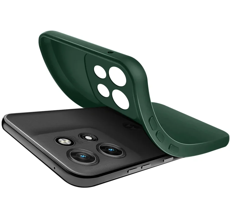 Elastyczne zielone etui do Motorola Moto G86 Power pokazana giętka konstrukcja i wycięcia na aparaty
