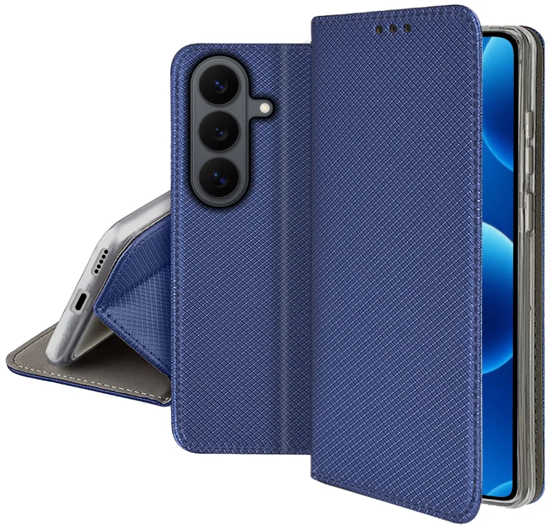 Granatowe zamykane etui z klapką do Samsung Galaxy S26 FE z matową strukturą, wycięciami na porty oraz ochroną aparatów i boków smartfona