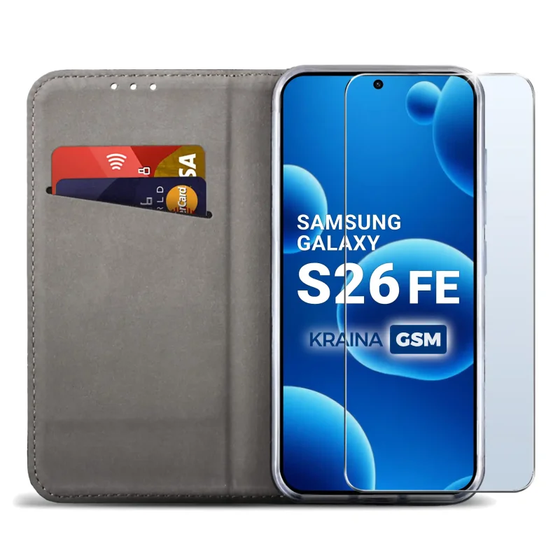 Granatowe etui portfelowe do Samsung Galaxy S26 FE z miejscem na karty, ukrytym magnesem i funkcją stojaka do codziennego użytkowania