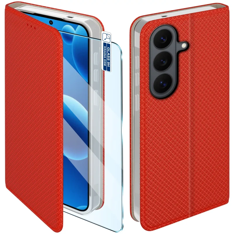 Etui z klapką do Samsung Galaxy S26 FE w czerwonym kolorze z magnetycznym zamknięciem, antypoślizgową fakturą i elastycznym TPU chroniącym telefon