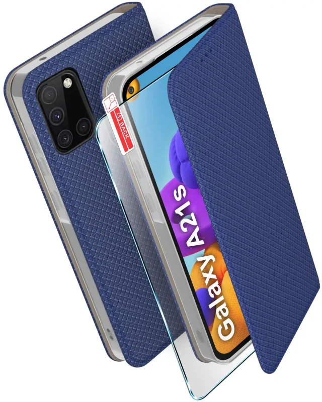 Granatowe etui do Samsung Galaxy A21s z klapką i szkłem hartowanym 9H widok konstrukcji pokrowca