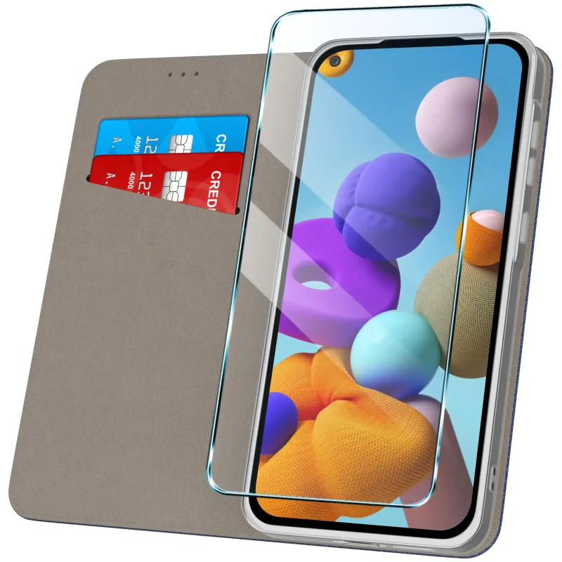 Granatowe etui z klapką do Samsung Galaxy A21s z kieszonkami na karty i szkłem hartowanym 9H