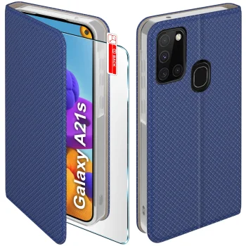 Etui do Samsung Galaxy A21s granatowe zamykane ze szkłem