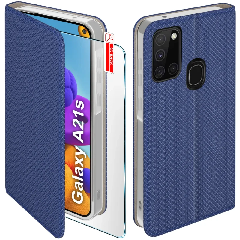 Granatowe etui z klapką do Samsung Galaxy A21s ze szkłem hartowanym 9H widok przodu i tyłu