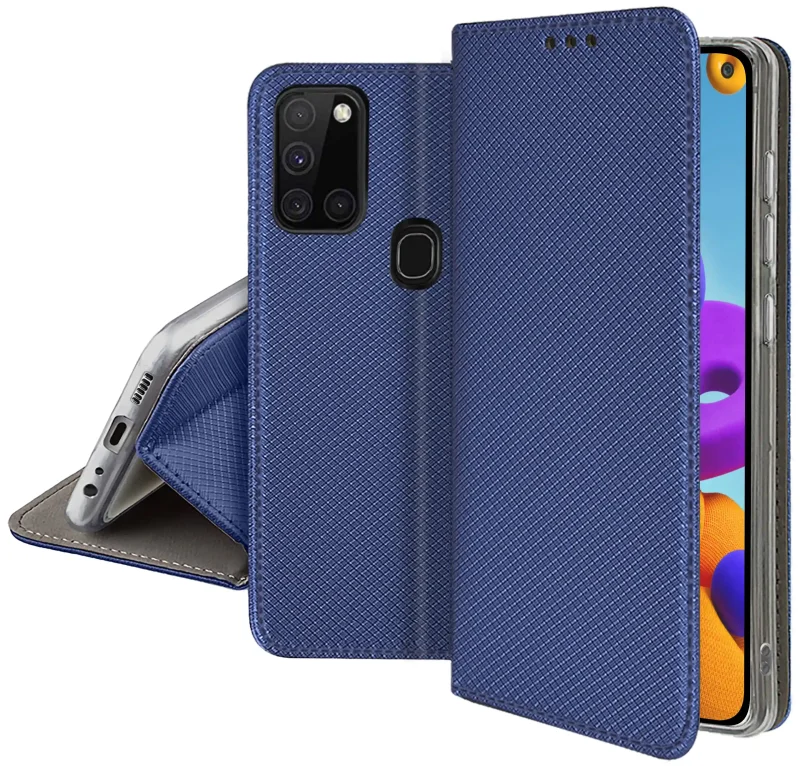 Granatowe etui z klapką do Samsung Galaxy A21s widok przodu tyłu i funkcji stojaka