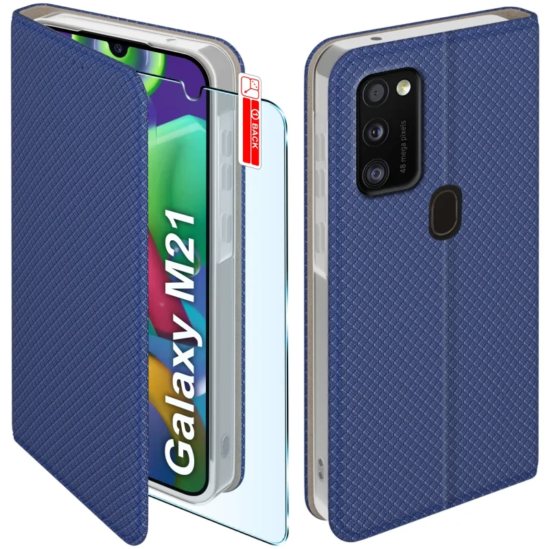 Granatowe etui z klapką do Samsung Galaxy M21 ze szkłem hartowanym 9H widok przodu i tyłu telefonu