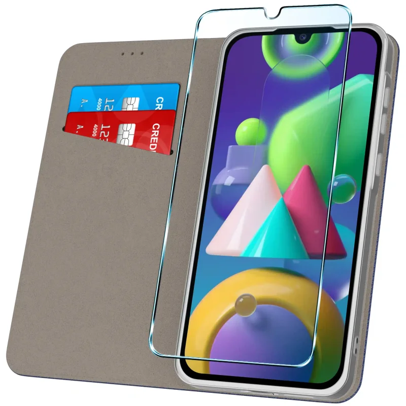 Granatowe etui do Samsung Galaxy M21 z kieszonką na karty i szkłem hartowanym 9H