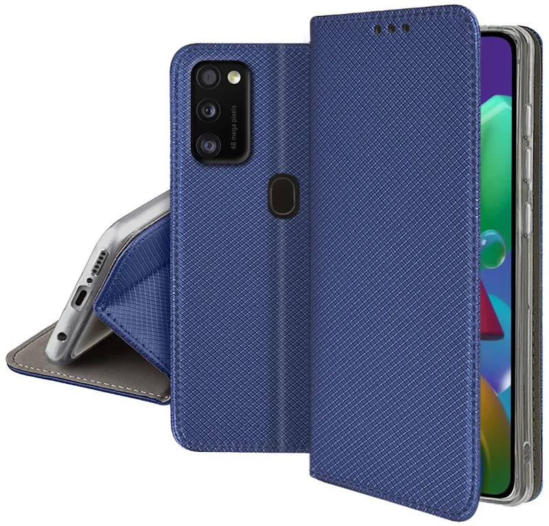 Granatowe etui do Samsung Galaxy M21 widok przodu tyłu i funkcji stojaka