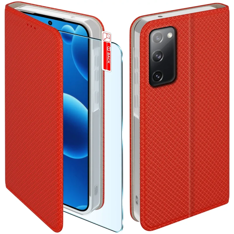 Czerwone etui z klapką do Samsung Galaxy S20 FE ze szkłem hartowanym 9H widok przodu i tyłu telefonu