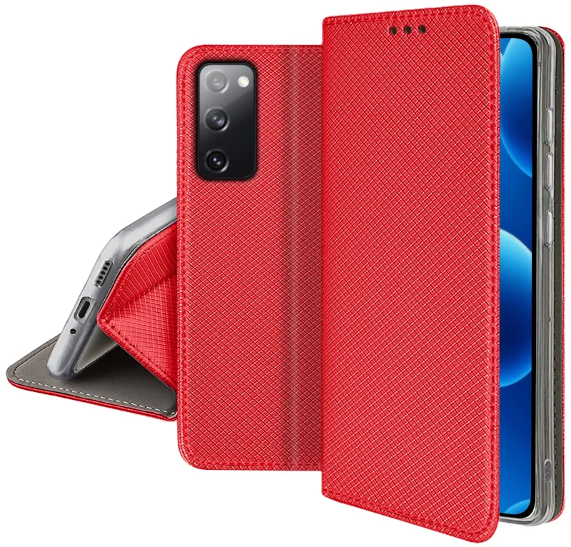 Czerwone etui do Samsung Galaxy S20 FE widok przodu tyłu i funkcji stojaka