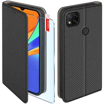 Etui do Xiaomi Redmi 9C czarne zamykane ze szkłem