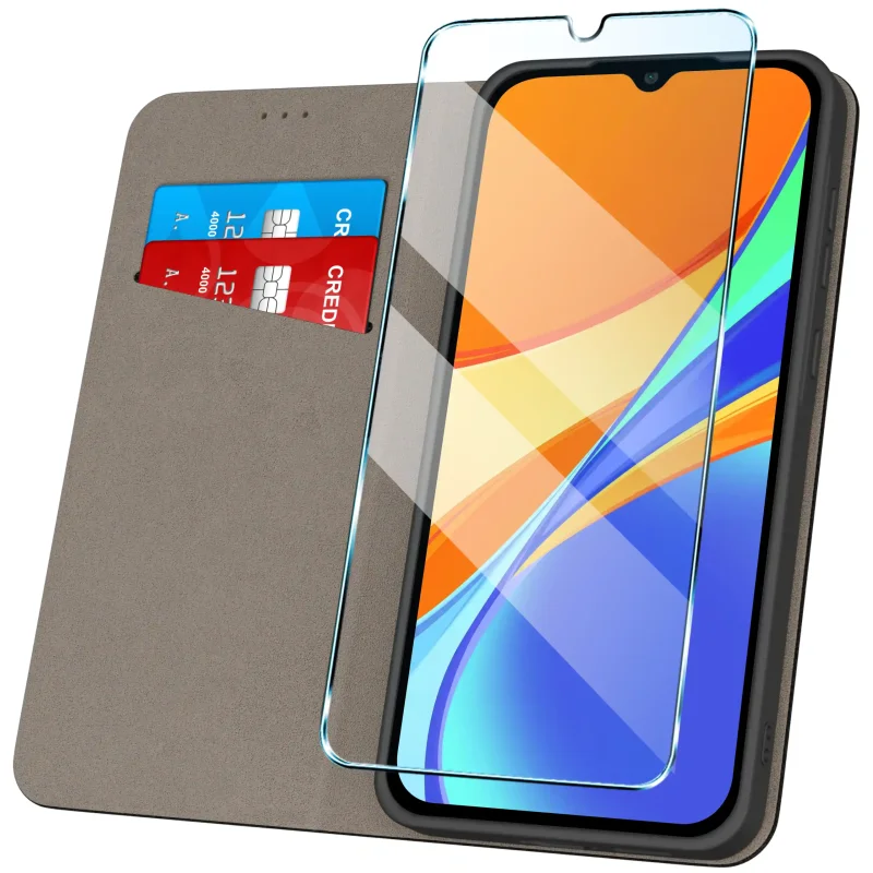 Czarne etui do Xiaomi Redmi 9C z kieszonką na karty i szkłem hartowanym 9H