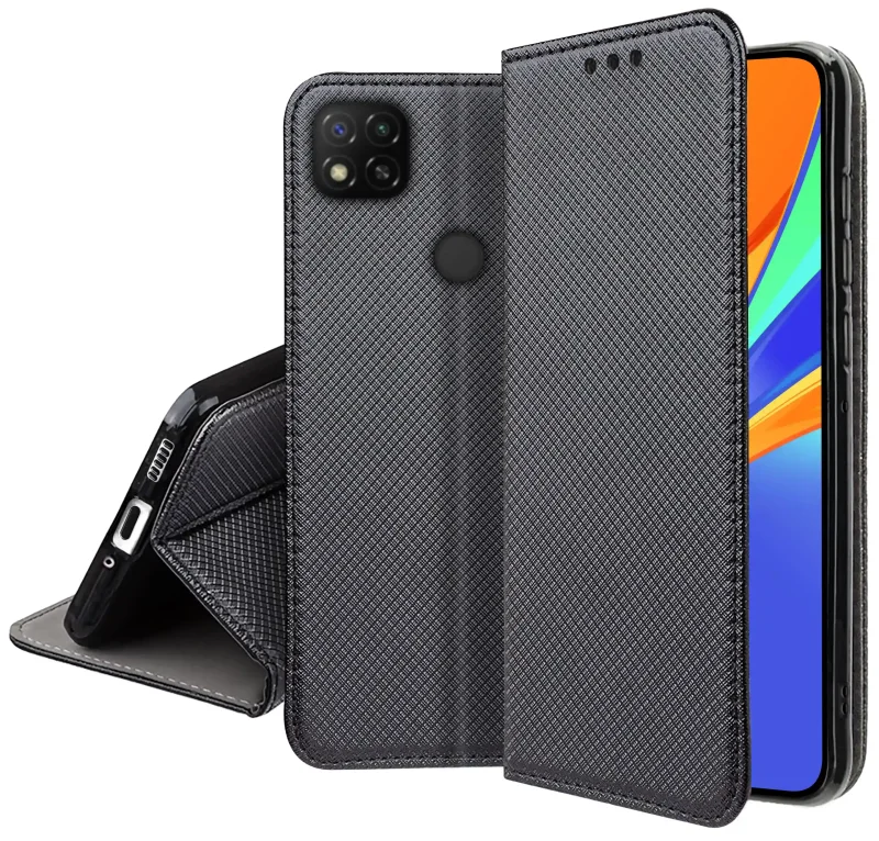 Czarne etui do Xiaomi Redmi 9C widok przodu tyłu i funkcji stojaka
