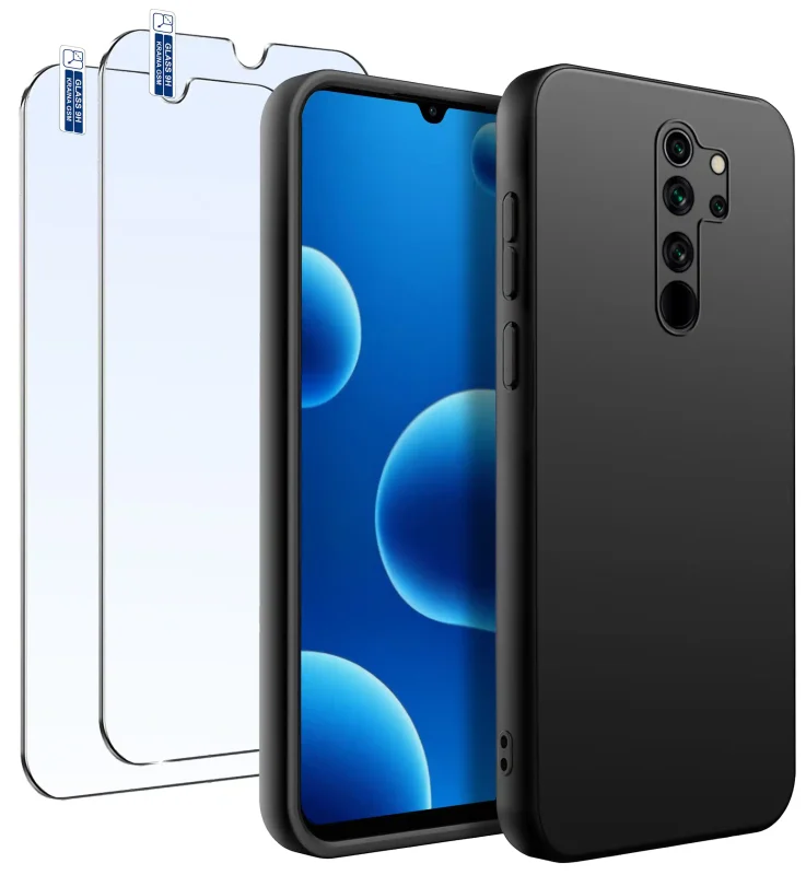 Czarne matowe etui silikonowe do Xiaomi Redmi Note 8 Pro z dwoma szkłami hartowanymi 9H w zestawie