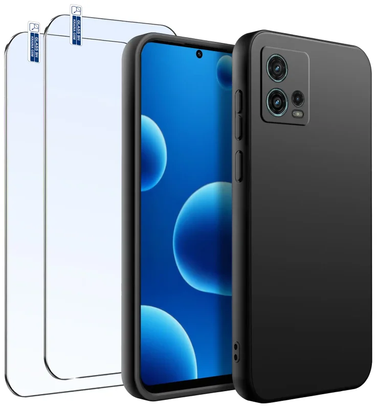 Czarne matowe etui do Motorola Moto G72 z dwoma szkłami hartowanymi 9H widok przodu i tyłu telefonu