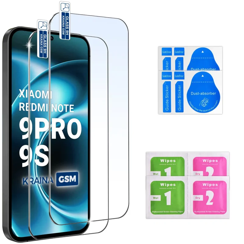 Dwa szkła hartowane 9H do Xiaomi Redmi Note 9 Pro / 9S ze ściereczkami i naklejkami do montażu