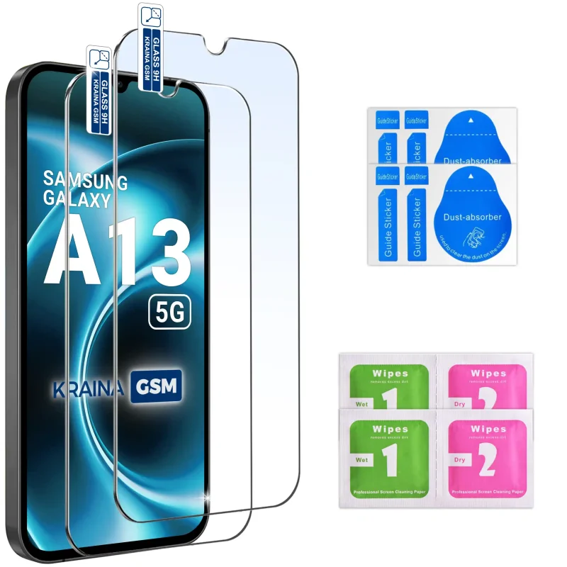 Dwa szkła hartowane 9H do Samsung Galaxy A13 5G ze ściereczkami i naklejkami do montażu